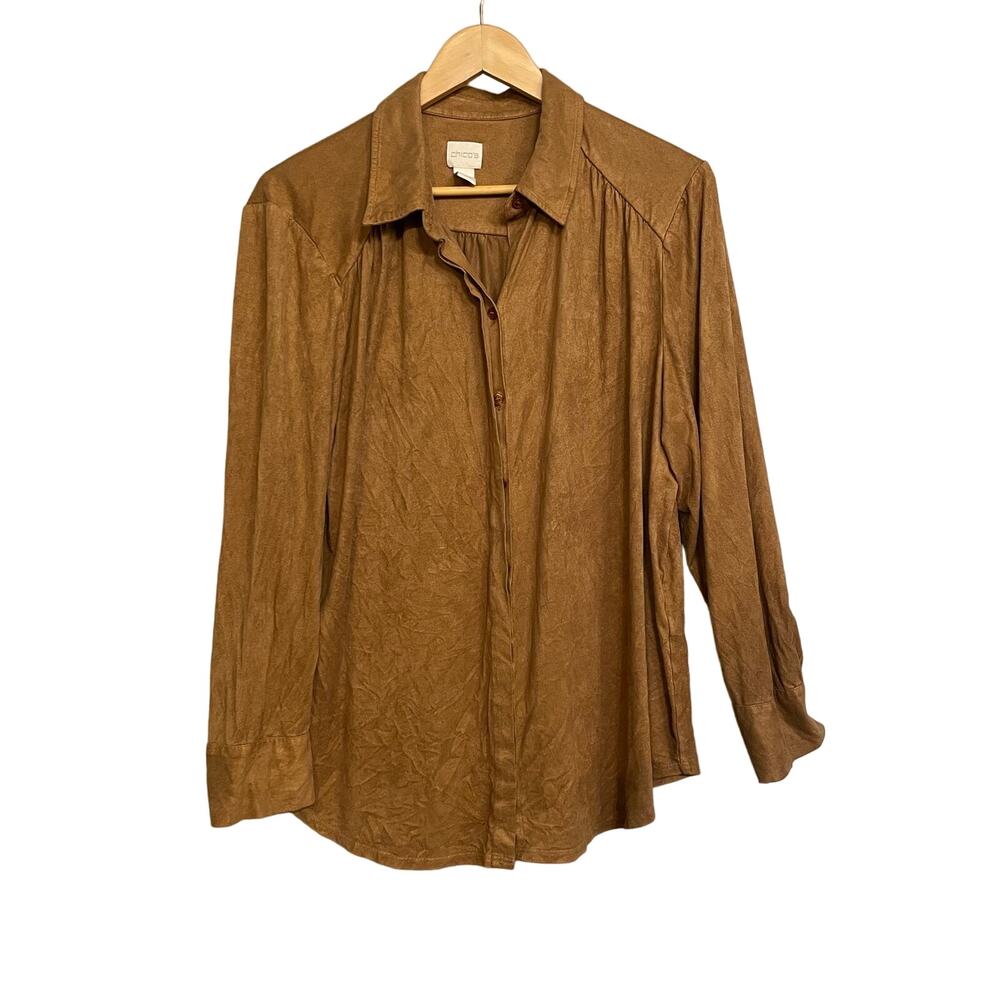 Chicos Top Faux Suede Soft Shirt Camel Size 3 US XL Hidden Button Up Long Sleeve